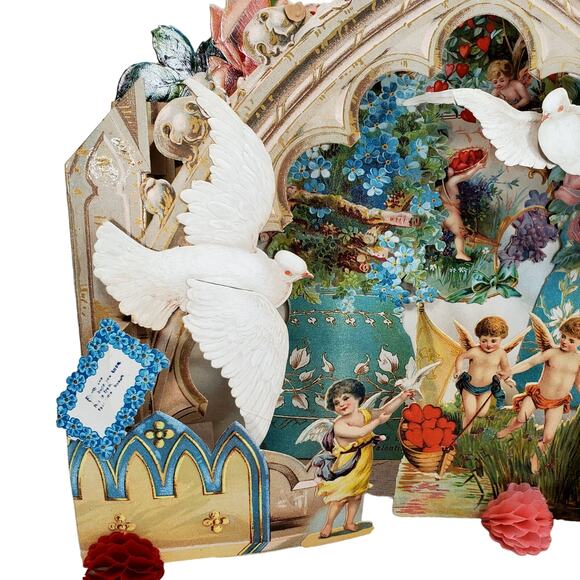 Victorian Antique Vintage Germany Diecut Fold Out Garden Scene Valentines Card - Picture 8 of 16